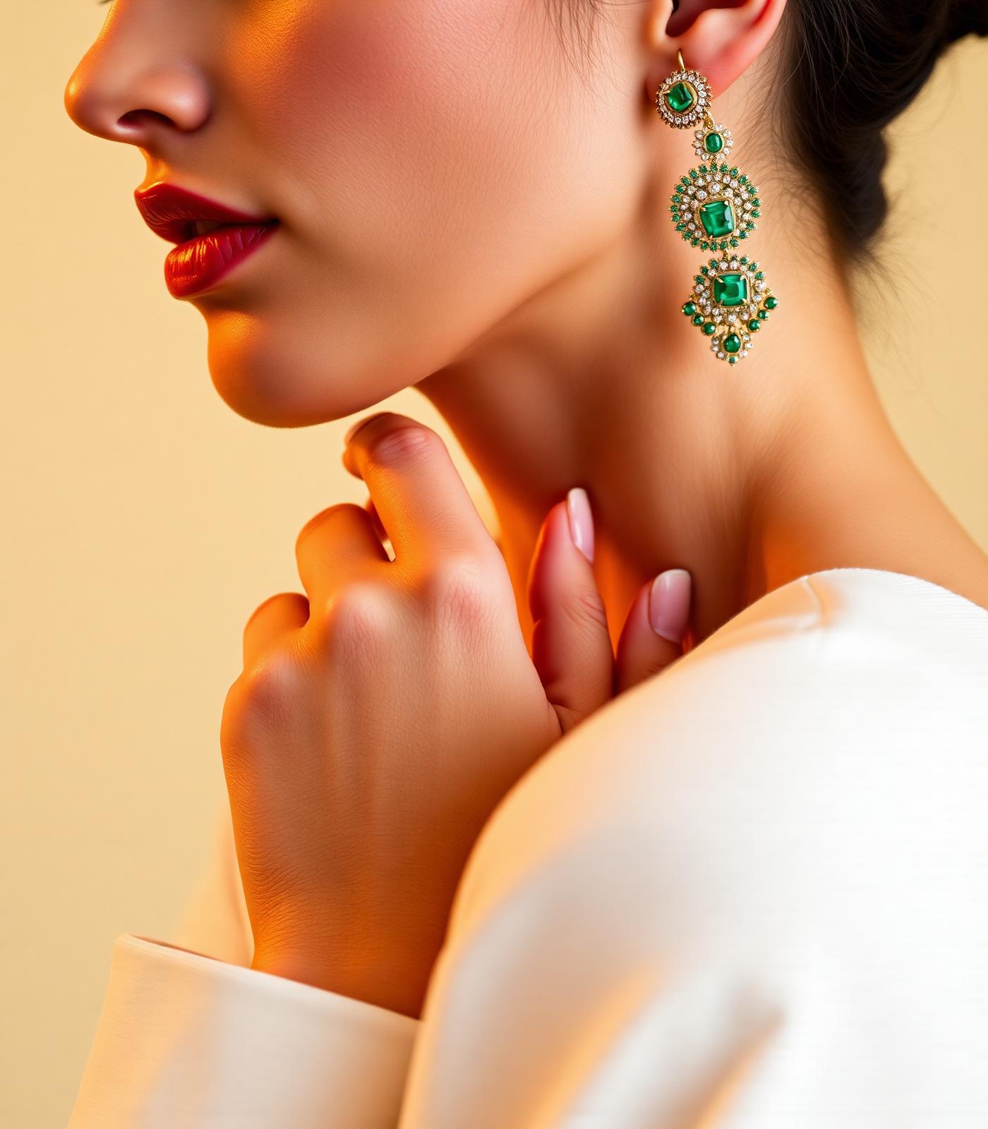 Model wearing Milados emerald and gold statement earrings