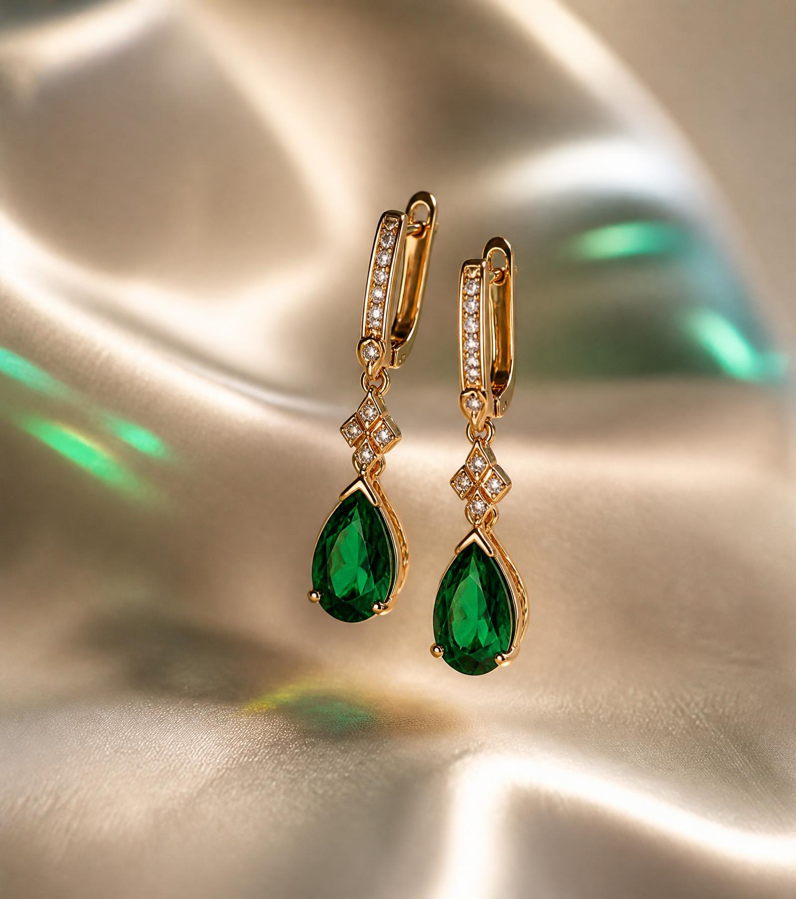 Milados signature emerald and gold earrings on ivory silk